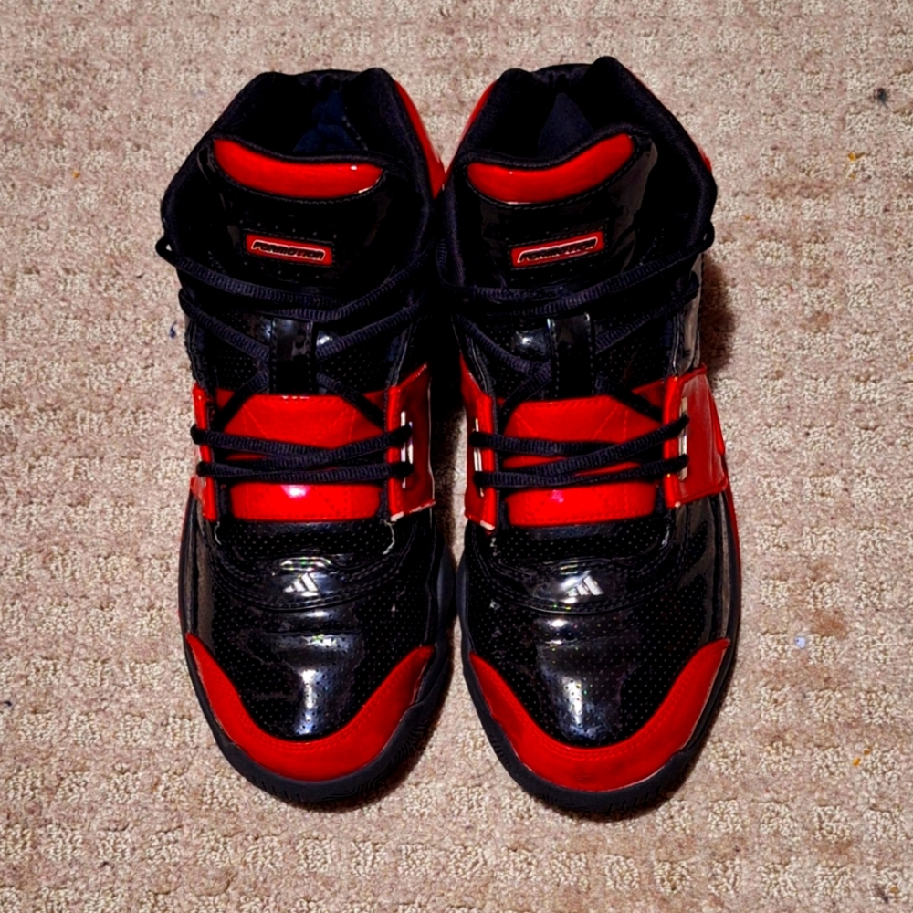 Adidas Black & Red Patent Leather Mid Sneakers Size 9